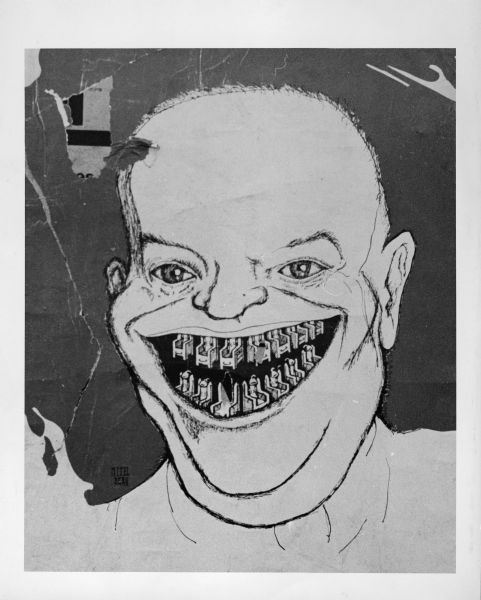 Cartoon of Dwight D. Eisenhower with electric chairs for teeth. The image is very likely in reference to the Rosenberg spy case. 