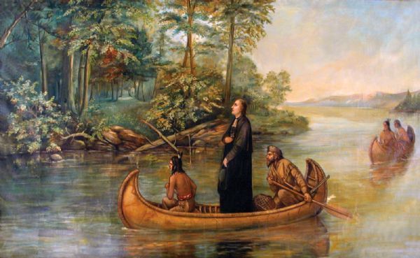 Painted scene of an Indian guide paddling, Jacques Marquette, a Jesuit missionary standing, and Louis Joliet, a fur trader paddling in a canoe exploring the Upper Mississippi River. Two men in another canoe follow behind.
