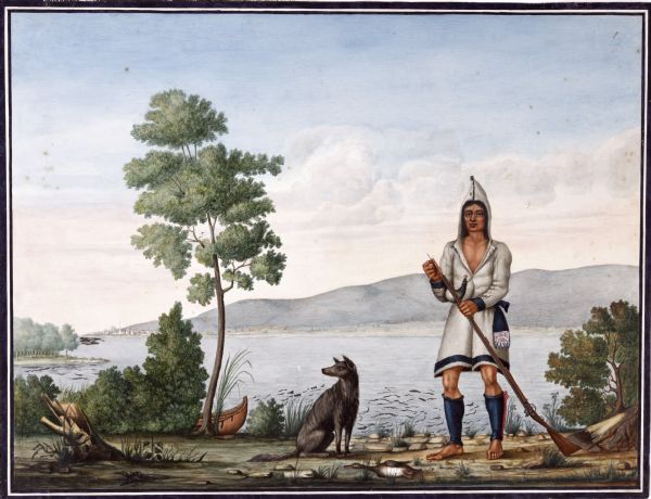 Watercolor of Canadian Prairie Indian at lake's shore with gun in hand and a recently hunted duck on the ground. A dog is at his feet. On the far shoreline is a settlement at the base of hills.