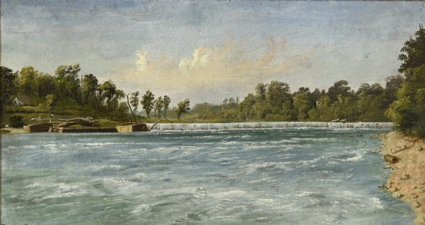 "....The third view was twelve miles farther up the river [from De Pere], at Rapid Croche, on the border of the present Brown and Outagamie counties. It is a dreary scene: the broad dam, the foaming river, no habitation but the lock-tender's cabin beside the canal and lock on the left, or south side. The arrangement is a puzzle: [In 1840 topographical engineer Thomas J.] Cram had specifically recommended a canal with the lock and floodgate on the north side, and there the canal is today. Could the artists, in a capricious mood, have decided the composition demanded some interest on the far shore and placed the lock there? Probably not; they give no evidence of capriciousness or concern over aesthetic values. It is more likely that they executed their drawing after their return to Milwaukee, and that they erred in their location of the lock and canal." (Alice E. Smith, "The Fox River Valley in Paintings," Wisconsin Magazine of History, 51(2), winter 1967-1968, p, 139, 145, 146-147.)