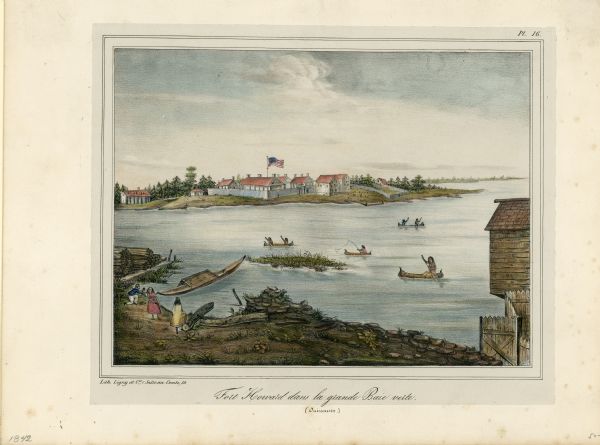 This hand-colored lithograph of the second Fort Howard, with Indians canoeing on the Fox River, shows the hospital built 1834-1835 outside the stockade on the left.