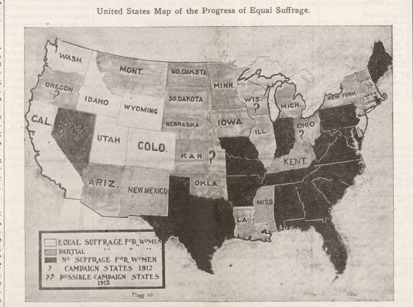 A map showing proportions of women's suffrage in the United States.