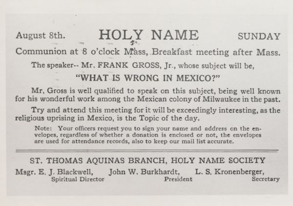 Frank Gross Speaking Announcement Announcement of a speech by Frank Gross, Jr., entitled "What is Wrong in Mexico?" to be given at Holy Name Church in Milwaukee on August 8, 1920.
