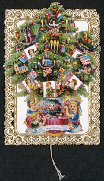 A die cut holiday card that has moving parts. When the string at the bottom is pulled, pictures of children appear and disappear. The image is of a decorated Christmas tree in a vase on a table with three children around it. A gold, die cut border is on all four sides. This card is actually an invitation. The text on the back reads: "The Misses and Masters Nash request the pleasure of the Misses Fairchild's company on Christmas Eve, from four to eight o'clock, 8 Ullet Road." Chromolithograph.
