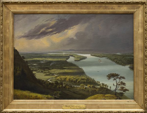 This landscape painting by Samuel Marsden Brookes and Thomas H. Stevenson depicts a broad view of the confluence of Bad Axe and Mississippi Rivers; site of the concluding battle of the 1832 Black Hawk War.