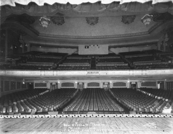 Interior view from the stage of the auditorium with balcony, at the New Orpheum Theatre at 216 State Street.