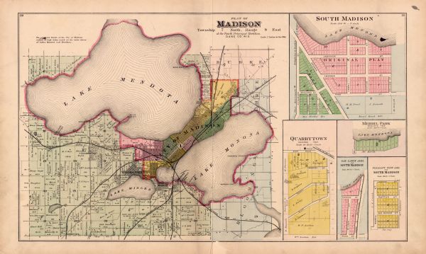 1890 Madison Plat Map Plat map of Madison, T7N R9E, including portions of the towns of Blooming Grove and Burke. Includes inset maps of South Madison, Quarrytown, Marril Park, and the Oak Lawn and Pleasant View additions to South Madison.