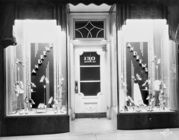 Snake Skin Shoe Window Andrews Shoe Co., 130 State Street, with an art deco window display of snake skin shoes.
