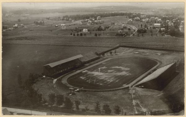 Aerial view of Camp Randall Field on the University of Wisconsin-Madison campus. University Heights is in the background.
