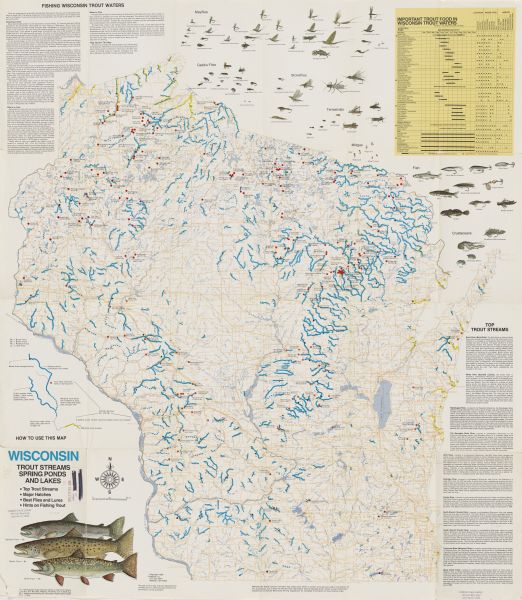 This map shows creeks, lakes, ponds, and rivers. Also included are illustrations and a table of trout food, tips on trout fishing and notes on top trout streams.