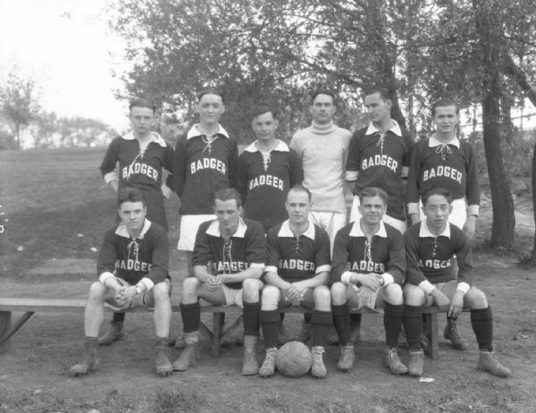 Group portrait of the University of Wisconsin men's soccer team.