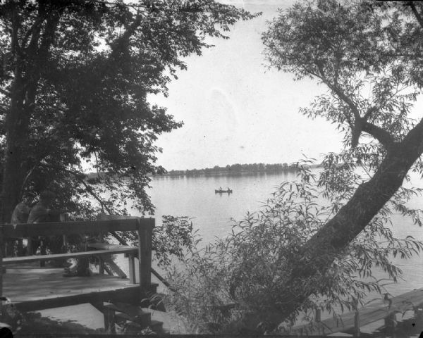 View of Picnic Point across University Bay on Lake Mendota. There is a willow tree in the foreground. People are in a canoe out on the water.