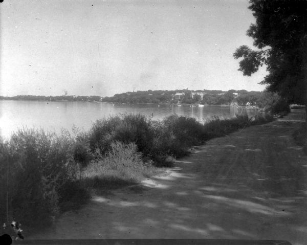 Lake Mendota, including Fraternity Row and east side shoreline, taken from the lake path on University Bay Drive.