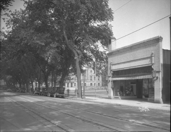 View across street towards the College Shop at 720 State Street. The Wisconsin Historical Society is in the background.