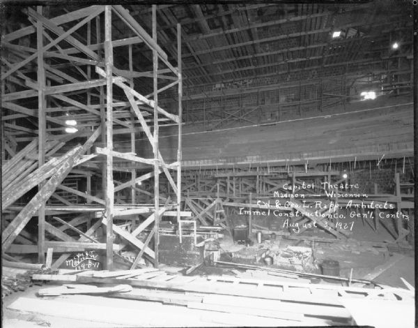 Indoor view of the Capitol Theatre, at 211 State Street, under construction. View from stage toward the balcony.