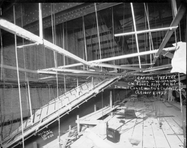 Capitol Theatre, 211 State Street, under construction, showing ceiling construction under the roof.