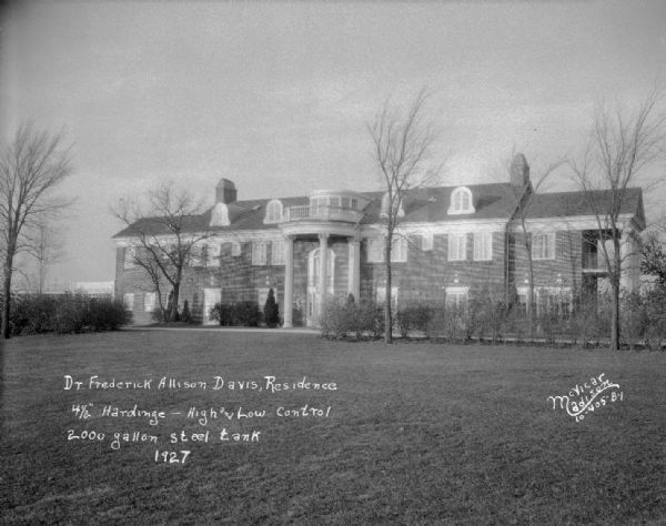 Dr. Frederick A. and Edith Davis house, 6048 South Highlands Avenue. The residence was called Edenfred. Text on image reads: "4 1/2" Hardinge — High Low Control, 2000 gallon steel tank."