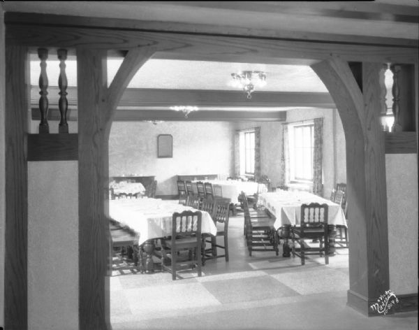 Phi Gamma Delta fraternity dining room from hall, at 16 Langdon Street.
