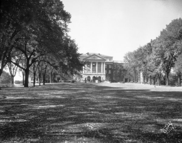 Bascom Hall (formerly Main Hall) from Bascom Hill on the University of Wisconsin-Madison campus. The Lincoln Monument is in front of the entrance.