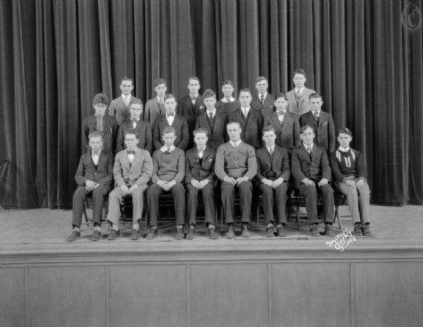 Indoor group portrait of the Madison East High School boys Hy-Y club.