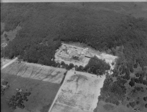 Aerial view of the Dane County Tuberculosis Sanitorium under construction, at 1202 Northport Drive. J.P. Cullen, Contractor.