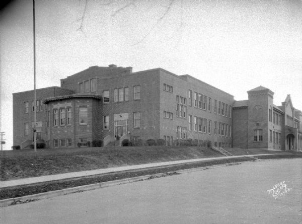 View from street towards the left side of the Lowell Elementary School, 401 Maple Avenue.