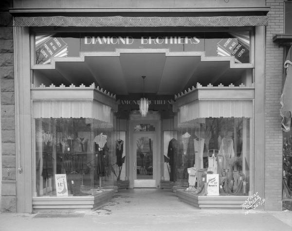 Front display windows of Diamond Brothers Art Deco style women's clothing store, 11 E. Main Street.