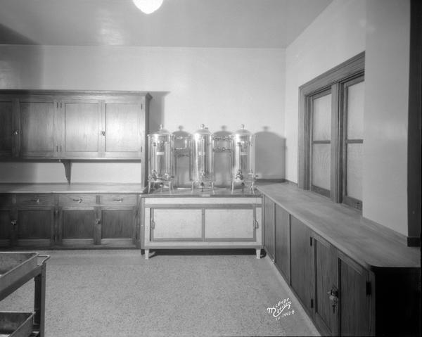 First Congregational Church small kitchen showing coffee urns, cabinets, and counters, at 1609 University Avenue.