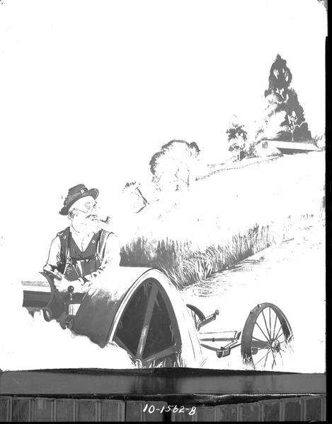 Photograph of a drawing of a farmer on a tractor.