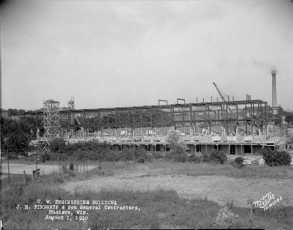 University of Wisconsin Mechanical Engineering Building, under construction, showing steel framework, 1513 University Avenue.