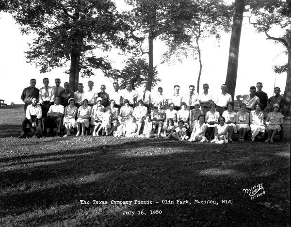 Group portrait Texas Company (Texaco) picnic at Olin Park.