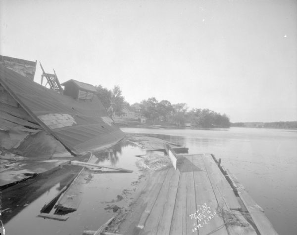 View of a collapsed ice house towards the shoreline looking north.