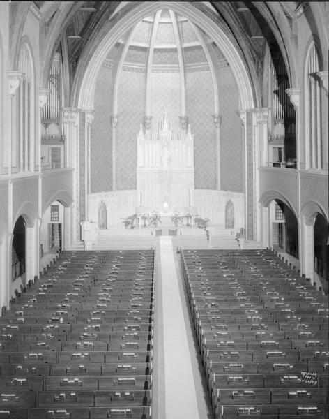 Interior of Luther Memorial Church, decorated for a wedding, taken from the balcony.