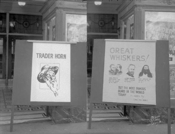 Strand Theatre, 16 E. Mifflin Street, with a "Trader Horn" movie poster with another poster for "Great Whiskers — the Smith Brothers — George Bernard Shaw — The House of David — but the most beard in the world today is worn by (roll this shade) shade."