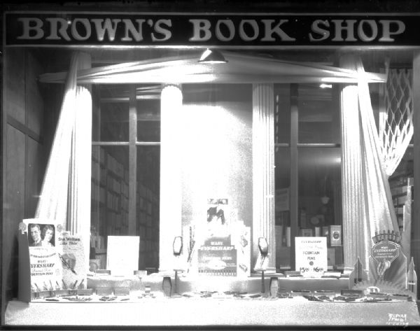 Brown's Book Shop, 643 State Street, window display featuring Wahl Eversharp Fountain Pens.