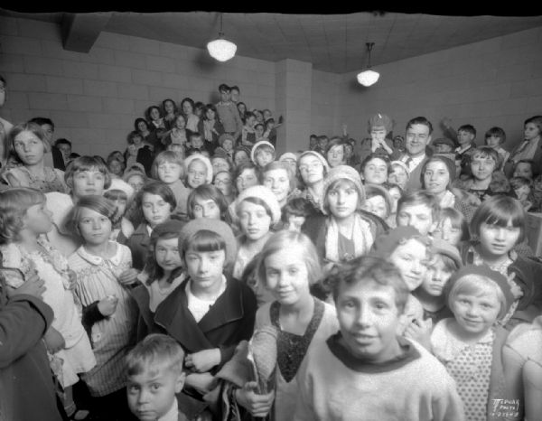 350 children and Uncle Bob at WIBA radio station for Uncle Bob's 23rd birthday party. Uncle Bob was host of Kayo Kiddies program.