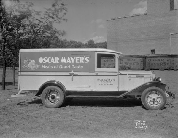 Oscar Mayer meat truck, sign on truck reads: "Meats of Good Taste."