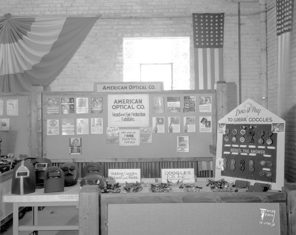 American Optical Co. exhibit of welding goggles, helmets and shields at the 2nd welding conference in the U.W. engineering building.