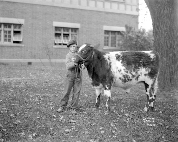 Elwyn Reynolds, from Lodi, with grand champion shorthorn steer at the fat stock show, standing in front of University of Wisconsin-Madison Stock Pavilion.