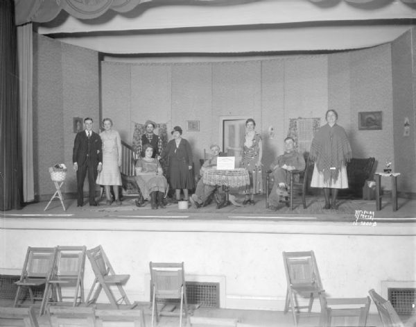 Pierceville Mothers' Club players in costume for the play "Sons of Soil," taken on the stage of the Sun Prairie parish hall after the group won the first Dane County Rural Drama tournament.