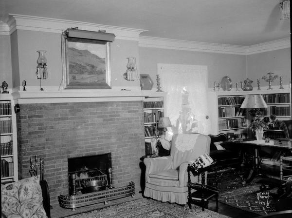 Harry & Ada Moseley's book-lined living room with fireplace, 616 N. Carroll Street.