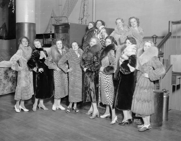 Fanchon & Marco Girls in fur coats at Kessenich's department store, 201-203 State Street.