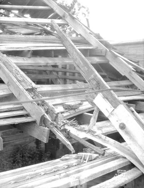 Close-up of rotted timbers at collapsed Conklin Icehouse at Lake Wingra.