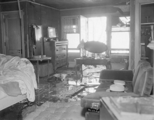 Chandler B. and Frances Chapman home, 640 N. Carroll Street, showing the west bedroom after fire.