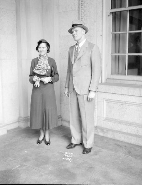 Jean Ricks and Harry Pike at the University of Wisconsin-Madison Memorial Union, modeling clothing from Karsten's, for the "Daily Cardinal."