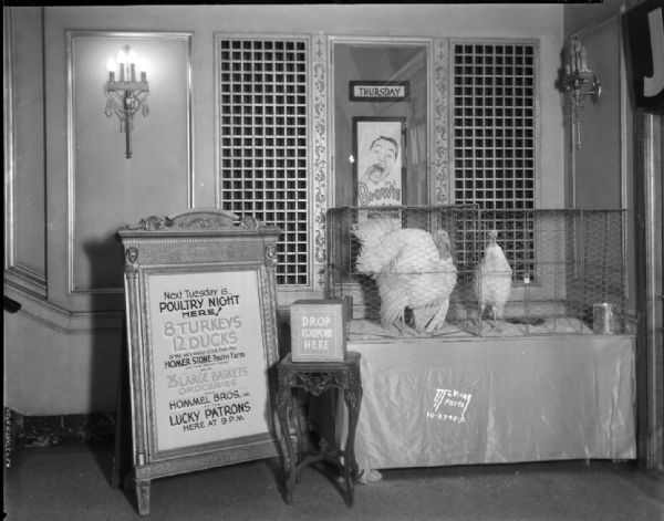 Male and female turkeys awaiting their fate in cages in the lobby of the Orpheum Theatre. A poster advertises "Next Tuesday is Poultry Night Here! 8 turkeys, 12 ducks of the very finest stock from the Homer Stone poultry farm on the Oregon Road and 25 large baskets of groceries from Hommel Bros. to the lucky patrons here at 9 pm."
