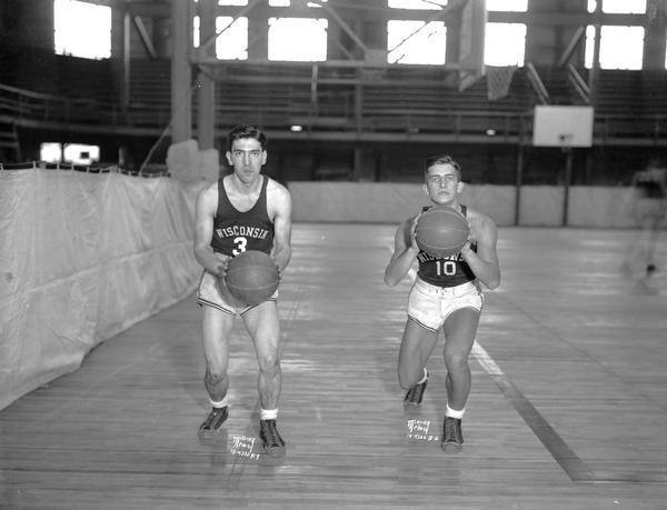 Portrait of two University of Wisconsin-Madison basketball players in uniform. #3 Nick DeMark and #10 Tom or Karl Ockerhauser.