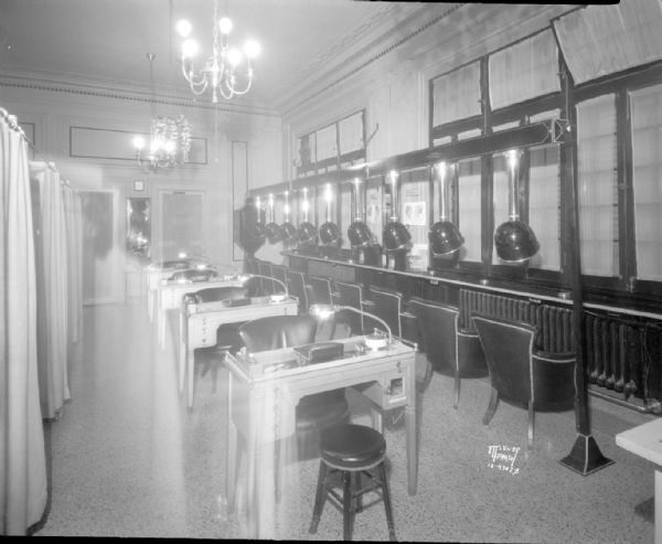 Cardinal Beauty Shoppe, 625 State Street, interior, from the back of the shop. Featuring the new dryer system and manicure tables.