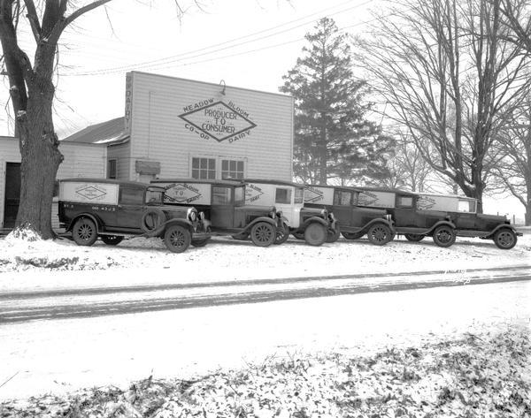 Six delivery trucks parked in front of Meadow Bloom Co-op Dairy, Co. Hwy. T, 1.5 miles from the end of Milwaukee Street. Established for the sole purpose of creating a producer controlled outlet for retail distribution of milk in Madison.