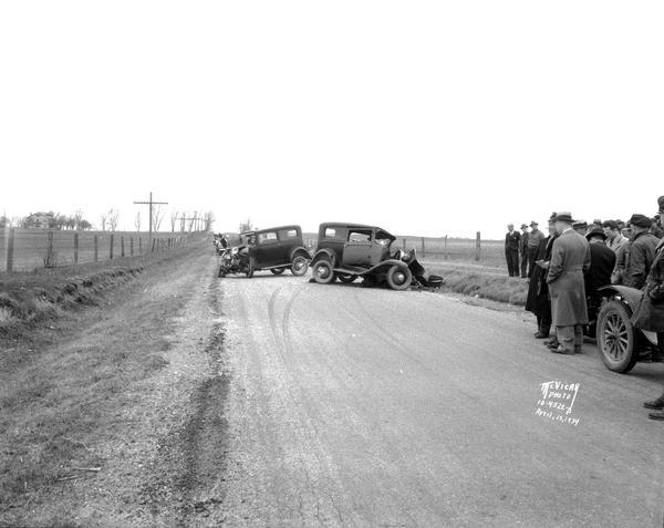 Auto accident involving Leo Maly and August Sternhagen vehicles, looking north, County Trunk M, between Speedway Road and Middleton Jct. Road. Leo Maly was killed, his wife, Edna, and son, Paul, and brother-in-law, Raymond Frisch, were injured. August Sternhagen, from Mazomanie, was injured.